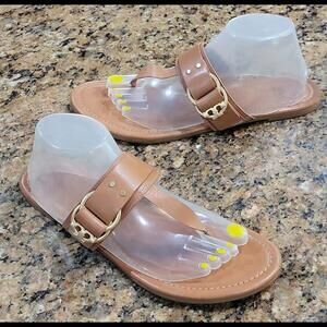 Tory Burch Marsden Gold Logo Buckle Thong Flip Flop Sandal Brown Womens Shoes 10